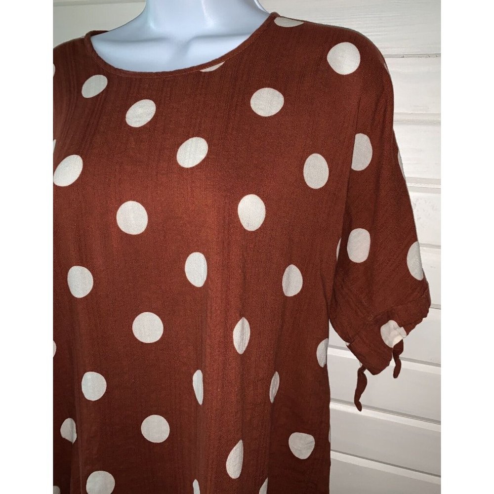 RETHM Sz SMALL Tie Sleeve Top Polka Dot Rusty Red Short Sleeve Cotton EUC